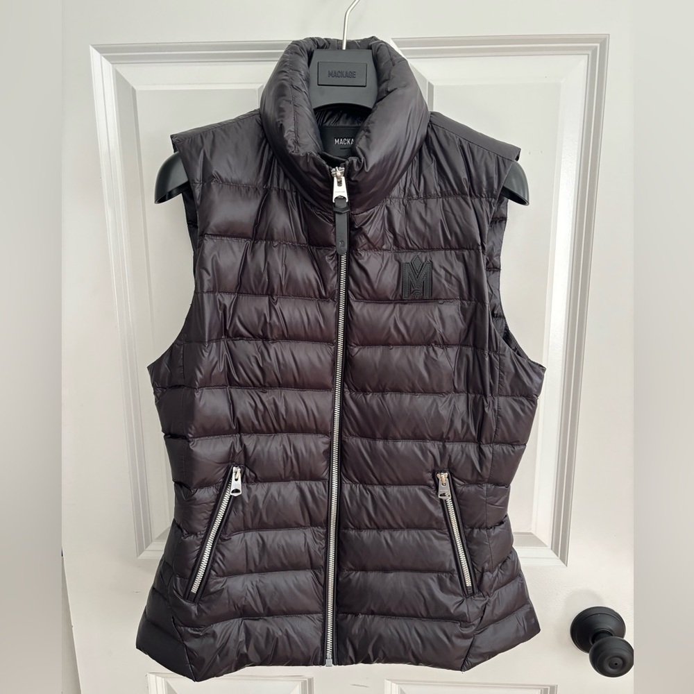 Women’s Mackage Black Karly Puffer Vest with Silver Accents, size Small